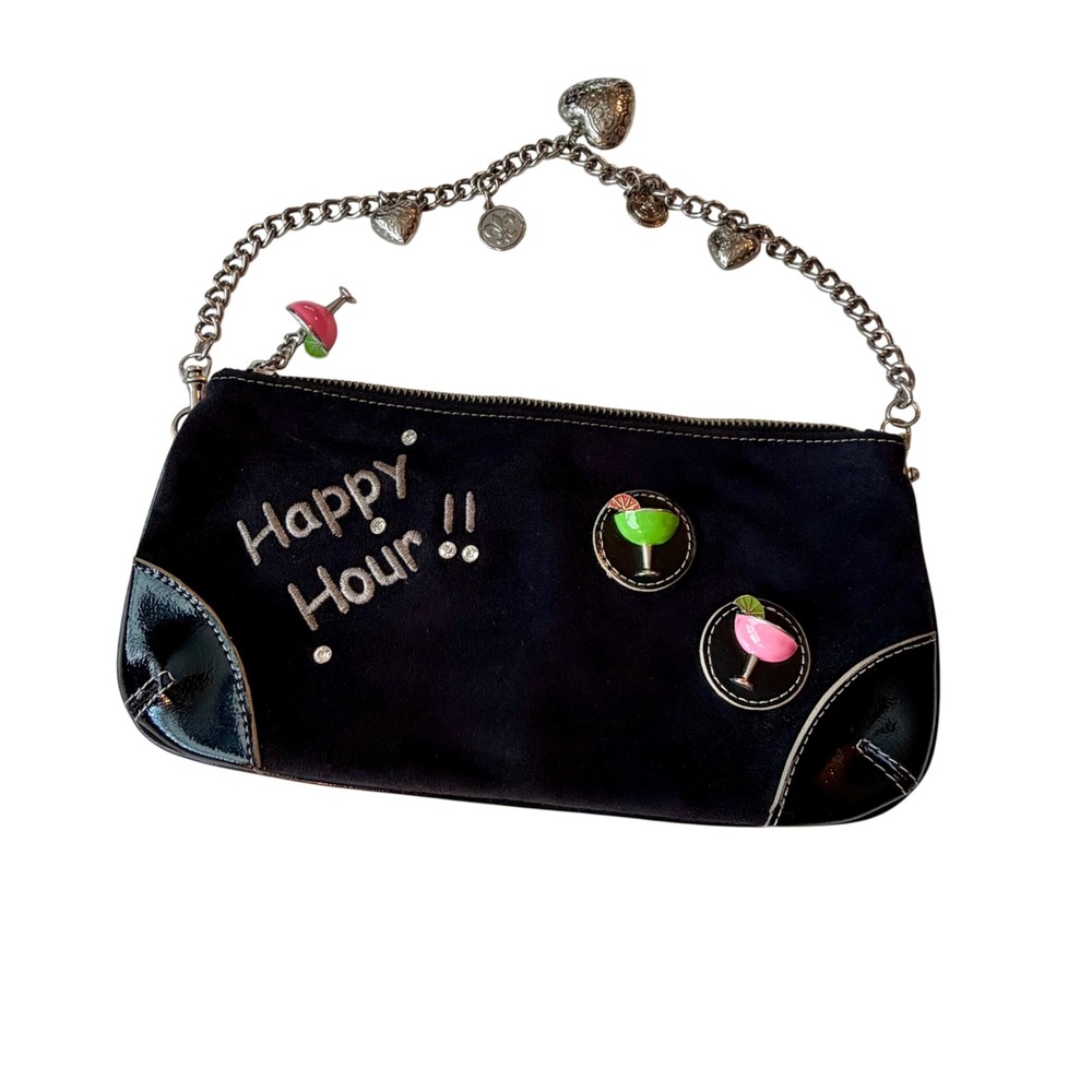 Kathy Van Zeeland Happy Hour Baguette Bag Black Suede Patent Y2K Cocktail Charm